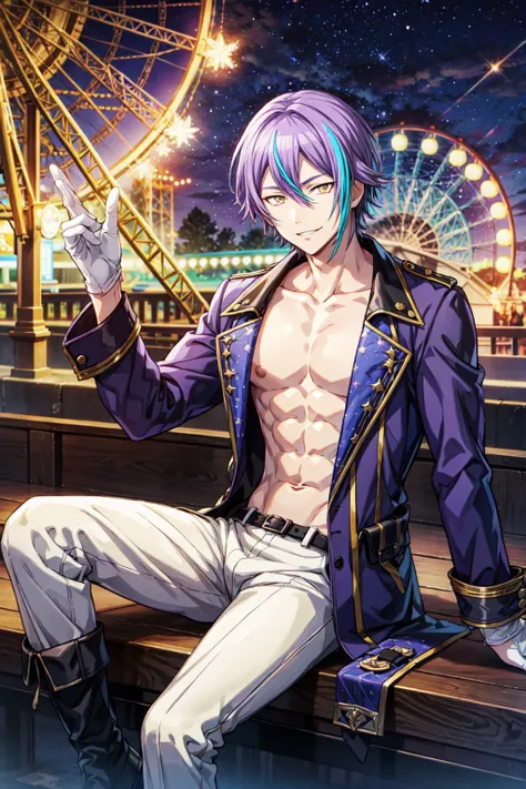masterpiece, best quality, 1boy, solo, male focus, from front, (KamishiroRui:1.1), ruikun, official art, purple hair, aqua hair, streaked hair, yellow eyes, looking at viewer, evil smile, detailed face, sitting, detailed violet coat, white pants, muscular body, nude abs, detailed abs, lustrous skin, white gloves, black boots, starry sky, ferris wheel, musical stage, amusement park background, <lora:more_details:0.6> <lora:KamishiroRui:0.6>