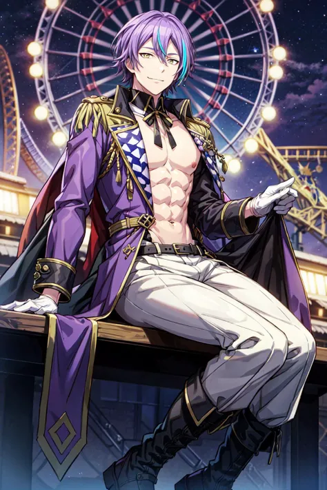 masterpiece, best quality, 1boy, solo, male focus, from front, (KamishiroRui:1.1), ruikun, official art, purple hair, aqua hair, streaked hair, yellow eyes, looking at viewer, evil smile, detailed face, sitting, detailed violet coat, white pants, muscular body, nude abs, detailed abs, lustrous skin, white gloves, black boots, starry sky, ferris wheel, musical stage, amusement park background, <lora:more_details:0.6> <lora:KamishiroRui:0.6>