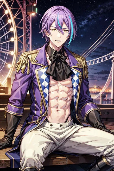 masterpiece, best quality, 1boy, solo, male focus, from front, (KamishiroRui:1.1), ruikun, official art, purple hair, aqua hair, streaked hair, yellow eyes, looking at viewer, evil smile, detailed face, sitting, detailed violet coat, white pants, muscular body, nude abs, detailed abs, lustrous skin, white gloves, black boots, starry sky, ferris wheel, musical stage, amusement park background, <lora:more_details:0.6> <lora:KamishiroRui:0.6>
