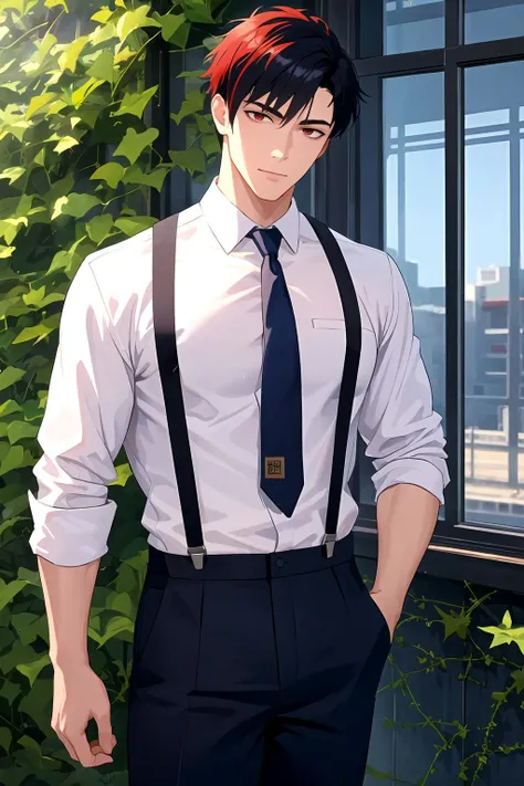 masterpiece, best quality, 1boy, solo, male focus, handsome, muscular, shirt, suspenders, pants, necktie, multicolored hair, black hair, red hair, short hair, closed mouth, abandoned architecture, ivy vines, highly detailed