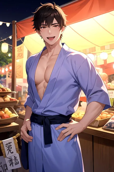 masterpiece, best quality, 1boy, solo, male focus, bishounen, hand on hip, pectoral cleavage, looking at viewer, smile, open mouth, summer festival, market stall, paper lantern, blue yukata, beautiful lighting, handsome, male, highly detailed