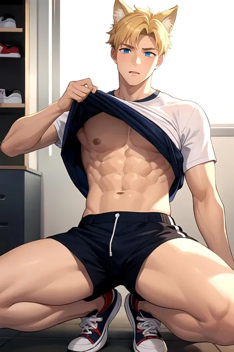 masterpiece, best quality, male focus, 1boy, solo, muscular male, bara, wolf ears, shirt, shirt lift, lifted by self, abs, shorts, sneakers, spread legs, on floor, looking away, blonde hair, blue eyes, short hair