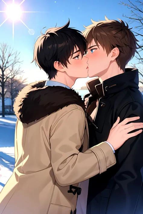 masterpiece, best quality, 2boys, male focus, yaoi, blush, kiss, brown eyes, blue eyes, looking at another, black hair, brown hair, short hair, coat, multiple boys, outdoors, winter, tree, lens flare