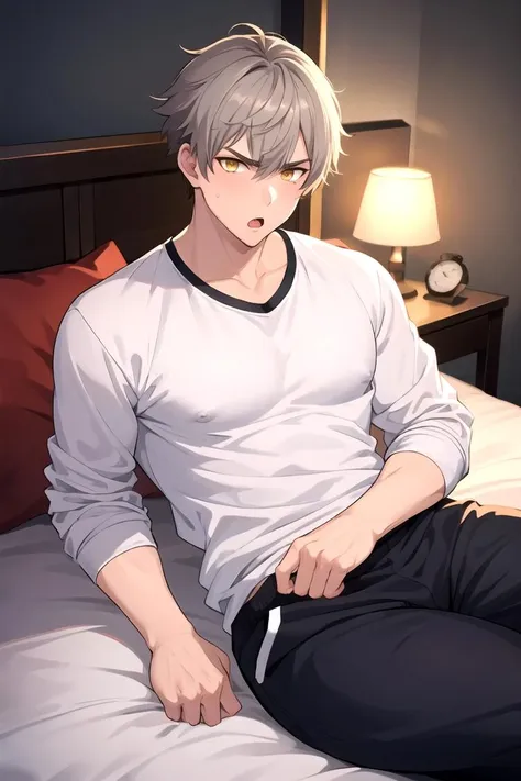 masterpiece, best quality, 1boy, solo, male focus, shirt, sweatpants, (covered nipples: 0.8), on bed, grey hair, yellow eyes, short hair, frown, :o, looking at viewer, pillow, bed