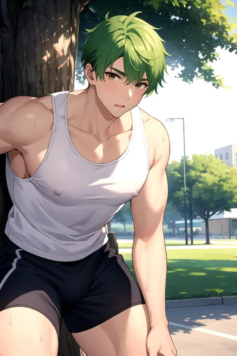 masterpiece, best quality, 1boy, solo, male focus, leaning forward, muscular male, tank top, shorts, bulge, brown eyes, short hair, green hair, looking at viewer, (covered nipples:0.8), bara, sweat, park, tree