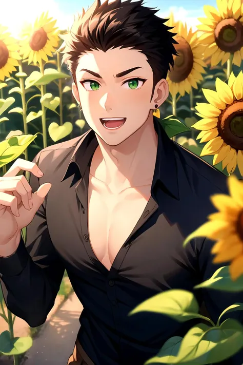 masterpiece, best quality, 1boy, male focus, solo, open shirt, black shirt, from above, looking at viewer, open mouth, :d, green eyes, sideburns, earrings, sunflower, lens flare, bara