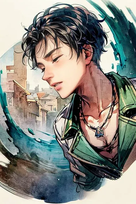 glowing line, 1boy, solo, closed eyes, vortex, hand down, dark blue background, magic, necklace, shirtless, brown short hair, glowing, half body, view from bottom, watercolor
<lora:add_detail:1>, <lora:try2:0.8>