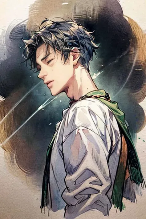 glowing line, 1boy, solo, closed eyes, vortex, hand down, dark blue background, magic, necklace, shirtless, brown short hair, glowing, half body, view from bottom, watercolor
<lora:add_detail:1>, <lora:try2:0.8>