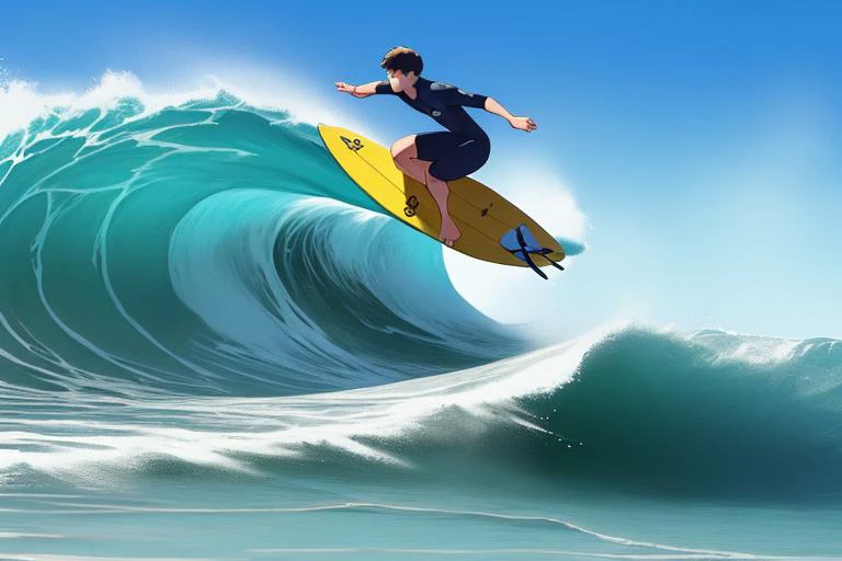 ((1male, solo, male focus, confident, surfing in wave)), (chubby:1.0), (bara:1.4), (stocky), ((tshirt, trunks, barefoot, surfing board)), short hair, crew cut, (cool, awesome), ocean background, best quality, ((flat anime, cartoon, masterpiece, best aesthetic, absurdres, highly detailed)), soft shaded