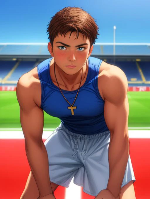 1boy, male focus, photo of a 18 years old college jock, brown hair, side-burns, hazel eyes, standing on soccer field, soccer shoes, outdoors, blush, necklace, white singlet, black jockstrap, urban, muscular, seductive expression, bulge, looking at viewer, realistic, highly detailed, intricate details, detailed background, depth of field, (dynamic pose, dynamic angle), (analog photo:1.4), (subsurface scattering, filmic, chiaroscuro, soft light, vibrant colors:1.2), (selective focus, European film, still, film grain:1.2) <lora:add_detail:1>
