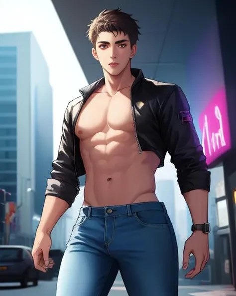 1man around 20 years old, black short hair, red eyes, cyberpunk, neon lights urban street, absurdres, masterpiece, (wearing cowboy jeans:1.3), barechested and shirtless, intricately sexy, he has a body that is thin but fit, gorgeous eyes, detailed face, outdoors, global illumination, subsurface scattering, neon lights coming from the cyberpunk inspired urban buildings
