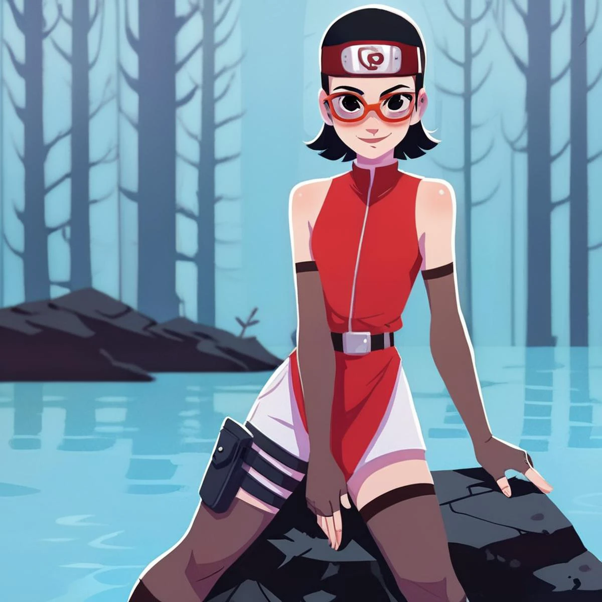(score_9, score_8_up), score_7_up, zPDXL, Sarada Uchiha, solo, 1girl, black hair, short hair, red-framed eyewear, glasses, black eyes, red dress, sleeveless, elbow gloves, black gloves, fingerless gloves, white shorts, black thighhighs, thigh holster, toeless sandals, smile, looking at viewer, blushing, forehead protector, konohagakure symbol, sunny, forest, sitting on rock, <lora:Sarada_Uchiha_XL_Pony_V2:1>, <lora:Orenji:1> orenji <lora:art_digi_pony:1>