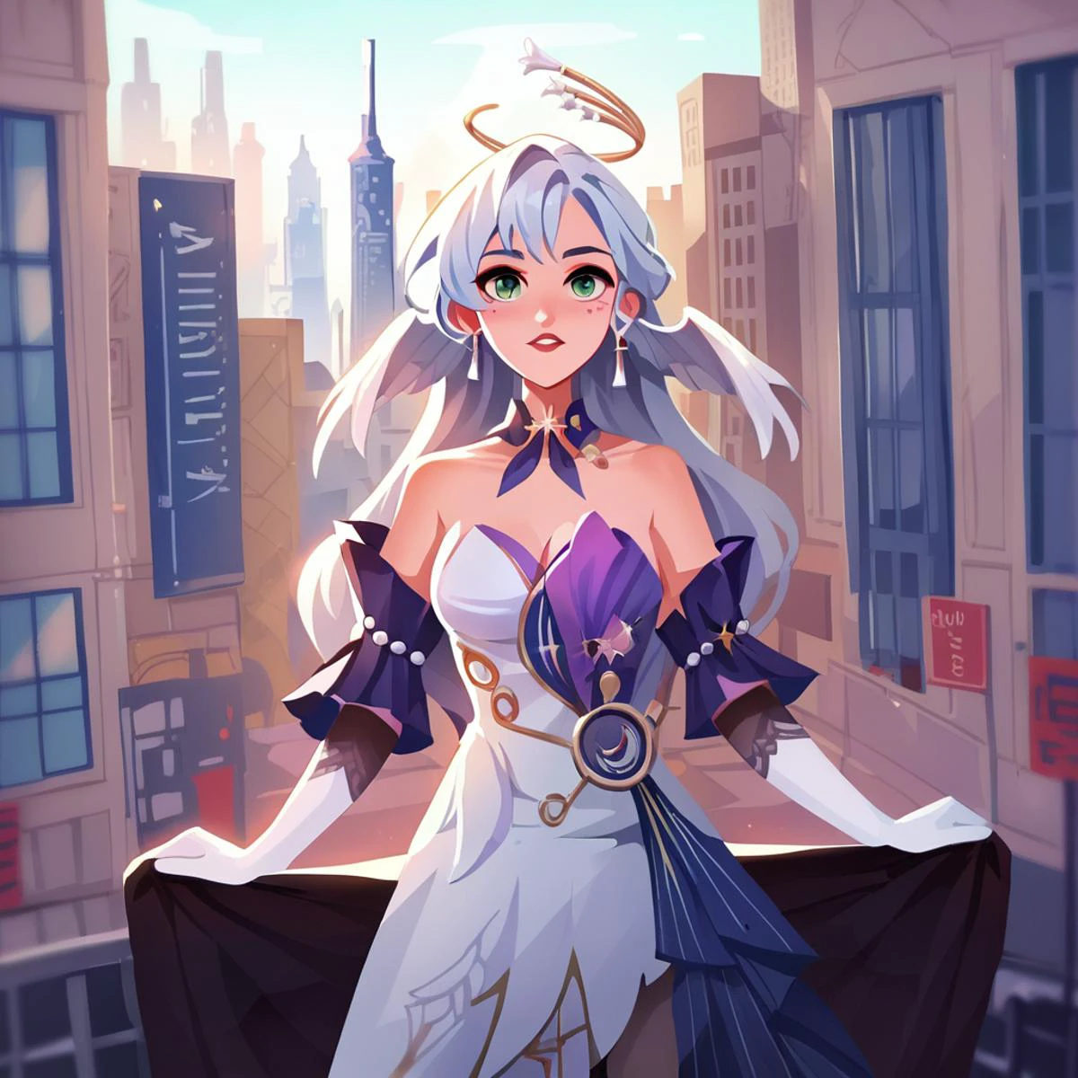score_9,score_8_up,score_7_up,score_6_up,score_5_up,score_4_up,
1girl, robin \(honkai: star rail\), long hair, wings, breasts, halo, strapless dress, white elbow gloves, detached collar, medium breasts, facial mark, earrings,
solo, cowboy shot, outdoors, looking at viewer, cityscape, standing,
<lora:robinponyxl:1> <lora:art_digi_pony:1>