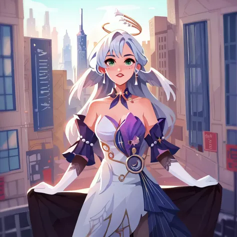 score_9,score_8_up,score_7_up,score_6_up,score_5_up,score_4_up,
1girl, robin \(honkai: star rail\), long hair, wings, breasts, halo, strapless dress, white elbow gloves, detached collar, medium breasts, facial mark, earrings,
solo, cowboy shot, outdoors, looking at viewer, cityscape, standing, 
<lora:robinponyxl:1> <lora:art_digi_pony:1>