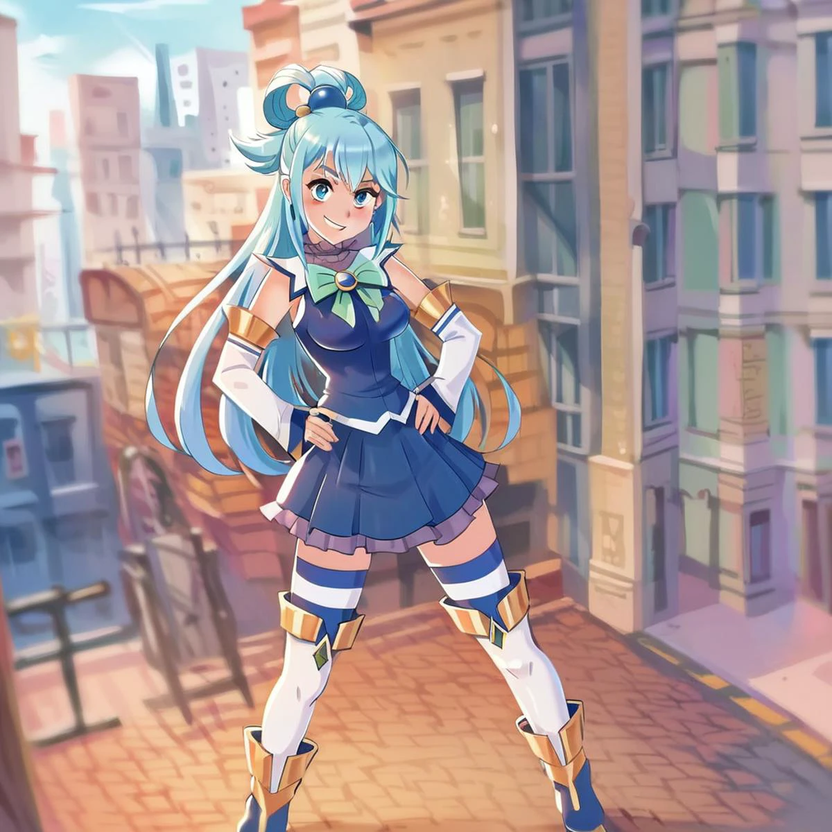 score_9, score_8_up, score_7_up, score_6_up, score_5_up, score_4_up, BREAK source_anime,city,outdoor,smile,standing,put hands on hips, <lora:Aqua_konosuba_V1:0.8>aqua /(konosuba/), long hair, blue eyes, hair ornament, very long hair, blue hair, hair rings, single hair ring,blue skirt, blue shirt, thighhighs, bare shoulders, detached sleeves, white thighhighs, green bow,blue boots <lora:art_digi_pony:1>