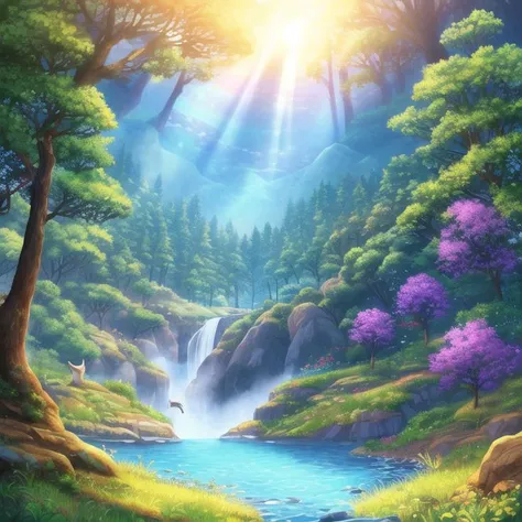 rainbow forest,beauty, wolf, holes, waterfull, standing, sunlight, mountain,  <lora:forest:1>