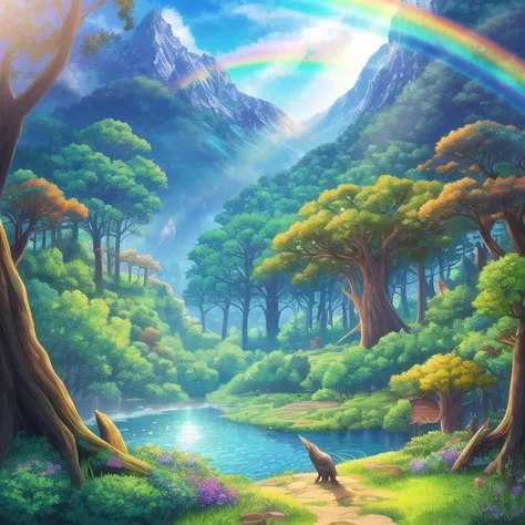rainbow forest,fairy beauty, wolf, holes, waterfull, standing, sunlight, mountain, <lora:forest:1>