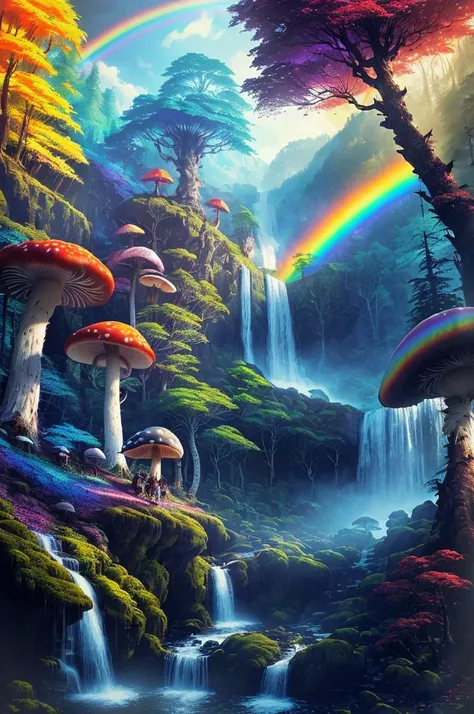 <lora:forest:0.6> rainbow forest, tree, nature, mushroom, waterfall, standing, outdoors, mountain, sunny day,(by Artist Greg Rutkowski:1.3),(Vivid Colors:1.3)
