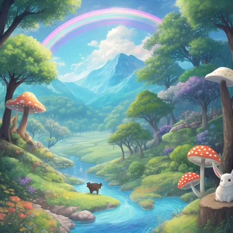 rainbow forest,1girl, tree, nature, rabbit, mushroom, waterfull, standing, outdoors, mountain,  <lora:forest:1>