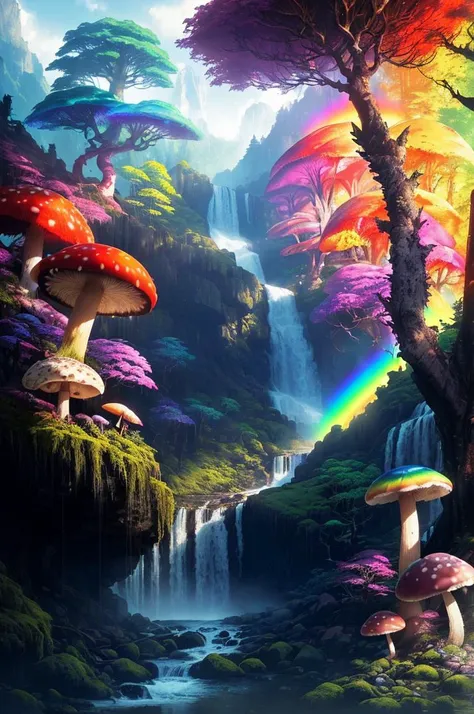 <lora:forest:0.6> rainbow forest, tree, nature, mushroom, waterfall, standing, outdoors, mountain, sunny day,(by Artist Greg Rutkowski:1.3),(Vivid Colors:1.3)