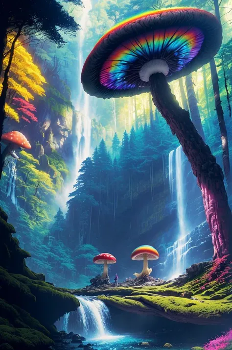 <lora:forest:0.6> rainbow forest, tree, nature, mushroom, waterfall, standing, outdoors, mountain, sunny day,(by Artist Greg Rutkowski:1.3),(Vivid Colors:1.3)
