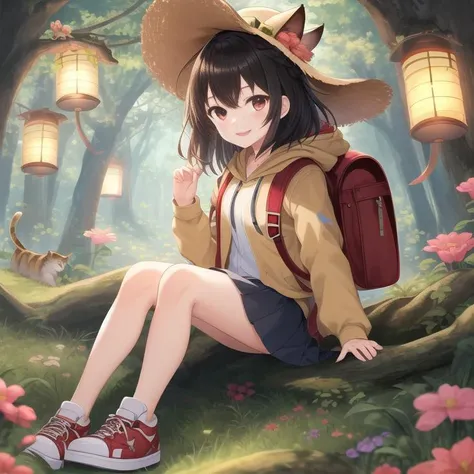 forest, 1girl, flower, hat, lantern, nature, smile, solo, brown hair, backpack, shoes, bag, skirt, animal ears, hood, sneakers, red eyes, tree, brown eyes, cat, black hair<lora:forest:1>
