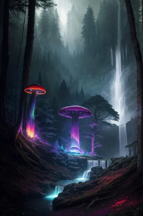 <lora:forest:0.6> rainbow forest, dark forest, tree, nature, mushroom, waterfall, standing, outdoors, mountain, godrays,(by Artist Greg Rutkowski:1.3),(Vivid Colors:1.3), lights, glowing