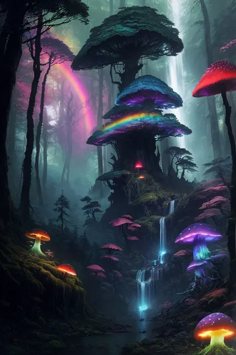 <lora:forest:0.6> rainbow forest, dark forest, tree, nature, mushroom, waterfall, standing, outdoors, mountain, godrays,(by Artist Greg Rutkowski:1.3),(Vivid Colors:1.3), lights, glowing