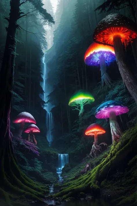 <lora:forest:0.6> rainbow forest, dark forest, tree, nature, mushroom, waterfall, standing, outdoors, mountain, godrays,(by Artist Greg Rutkowski:1.3),(Vivid Colors:1.3), lights, glowing