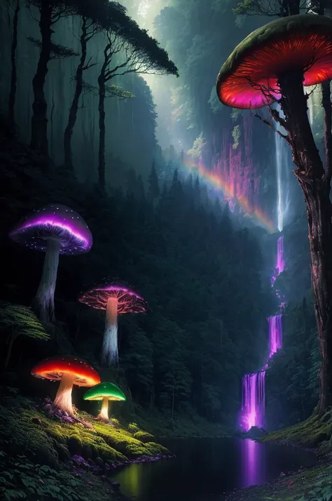 <lora:forest:0.6> rainbow forest, dark forest, tree, nature, mushroom, waterfall, standing, outdoors, mountain, godrays,(by Artist Greg Rutkowski:1.3),(Vivid Colors:1.3), lights, glowing