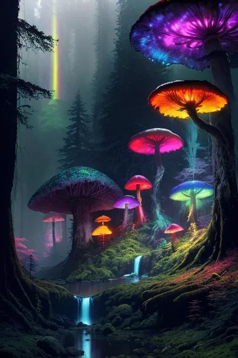 <lora:forest:0.6> rainbow forest, dark forest, tree, nature, mushroom, waterfall, standing, outdoors, mountain, godrays,(by Artist Greg Rutkowski:1.3),(Vivid Colors:1.3), lights, glowing