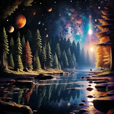 forest,scenery, universe,outdoors, mushroom ,river, <lora:nighcore:0.8>