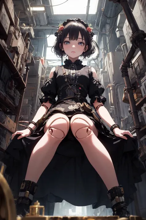 (masterpiece, best quality, ultra detailed), delicate pattern, detailed background, super fine concept art, steampunk, retro, horror style,
from below,
1girl, solo, doll joints, <lora:doll_joints_v0.1:1>,
expressionless, empty eyes, bored, cute, eyes widened, sitting char, look down,
factory, under maintenance, license plate, pipe, nixie tube,
background bokeh, dim natural lighting, shallow depth of field, vibrant HDR colors,