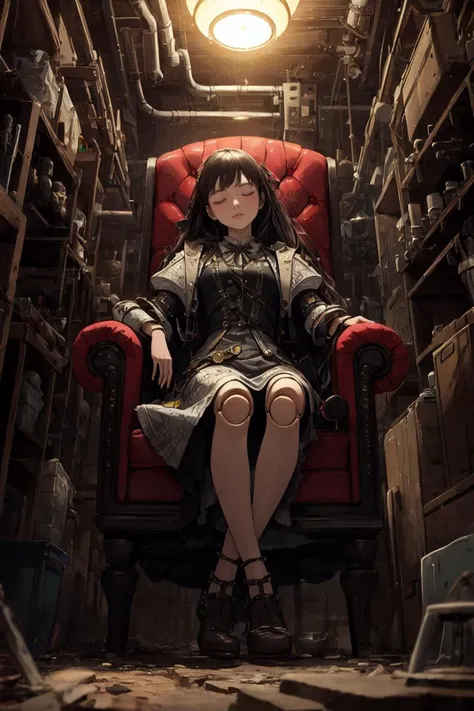 (masterpiece, best quality, ultra detailed), delicate pattern, detailed background, super fine concept art, steampunk, retro, horror style,
from below,
1girl, solo, expressionless, empty eyes, bored, cute, closed eyes, sitting leather armchair, cracked skin, look down,
laboratory, under maintenance, license plate, robot arms, pipe, nixie tube,
doll joints, <lora:doll_joints_v0.1:1>,
background bokeh, dim natural lighting, shallow depth of field, vibrant HDR colors,