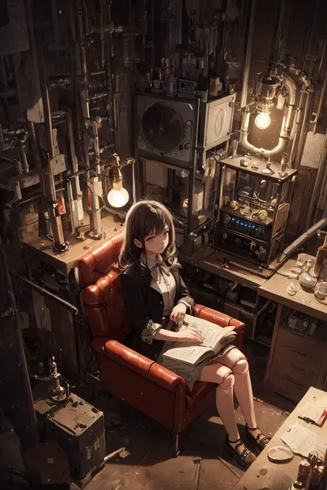 (masterpiece, best quality, ultra detailed), delicate pattern, detailed background, super fine concept art, steampunk, retro, horror style,
from above,
1girl, solo, doll joints, <lora:doll_joints_v0.1:1>,
expressionless, empty eyes, bored, cute, glass eyes, sitting leather armchair, look down,
laboratory, under maintenance, license plate, pipe, nixie tube,
background bokeh, dim natural lighting, shallow depth of field, vibrant HDR colors,