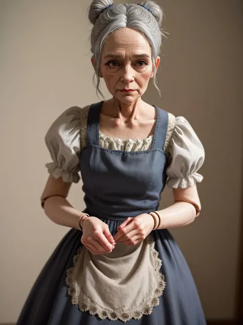 old woman, sleveless maid dress, <lora:doll_joints_v0.1:0.8> doll joints, character doll, gray hair in a bun, masterpiece, best quality, highly detailed <lora:TWDCarol:0.2> TWDCarol,