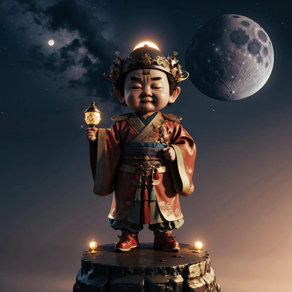 great photo of a 3D chibi <lora:大峰3då¡éè´¢ç¥-000004:0.95>_dafengcaishen_old, of japanese descent, standing on the cloud, a moonlit night,realistic photography,3D rendering