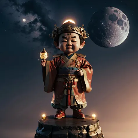 great photo of a 3D chibi <lora:å¤§å³°3då¡éè´¢ç¥-000004:0.95>_dafengcaishen_old, of japanese descent, standing on the cloud, a moonlit night,realistic photography,3D rendering