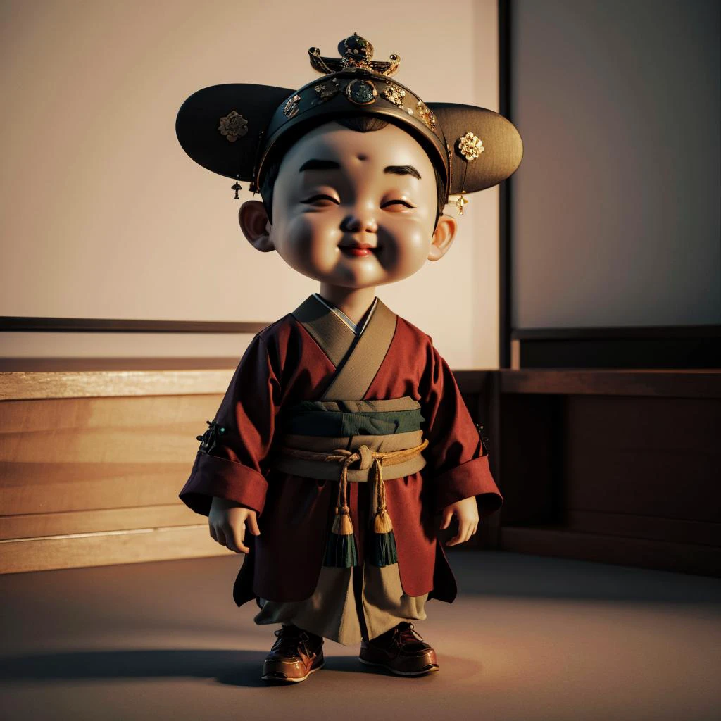 great photo of a 3D chibi <lora:大峰3då¡éè´¢ç¥-000004:0.95>_dafengcaishen_middle aged, of japanese descent, standing on simple background, at sunset,realistic photography,3D rendering
