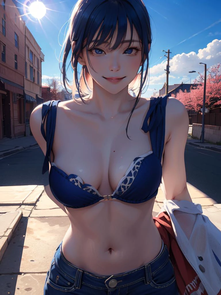 best quality, masterpiece, (photorealistic:1.3), 1girl, seductive smile, cowboy shot, background street, nature, (sunlight, blue sky), (superabsurd res), (8k, raw photo), shaded face, strong rim light, (solo) <lora:ratatatat74StyleLora_ratatatat7470:0.15>, medium breasts, off breasts, cinematic lighting, from above