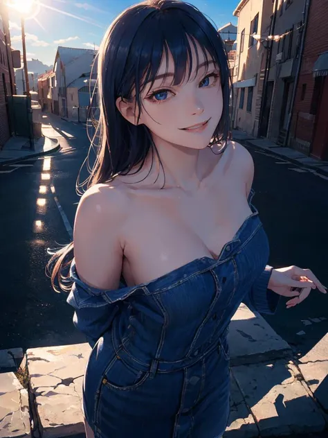 best quality, masterpiece, (photorealistic:1.3), 1girl, seductive smile, cowboy shot, background street, nature, (sunlight, blue sky), (superabsurd res), (8k, raw photo), shaded face, strong rim light,  (solo),medium breasts, off shoulders, cinematic lighting, from above,dusk