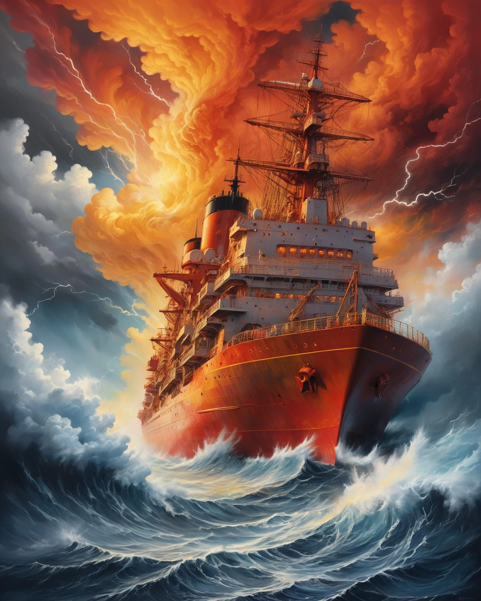 Hyper, quality, hyper detailed, extremely intricate, hyper maximalist, <lora:Maximalist_Drawing_BW:0.74>, PStyl3, negative space, abstract, red/yellow/orange, cloud system, storms, on deck of ship, storm tossed seas