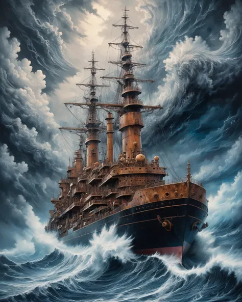 Hyper, quality, hyper detailed, extremely intricate, hyper maximalist, <lora:Maximalist_Drawing_BW:0.74>, PStyl3, negative space, abstract, cloud system, storms, on deck of ship, storm tossed seas, ironpunk