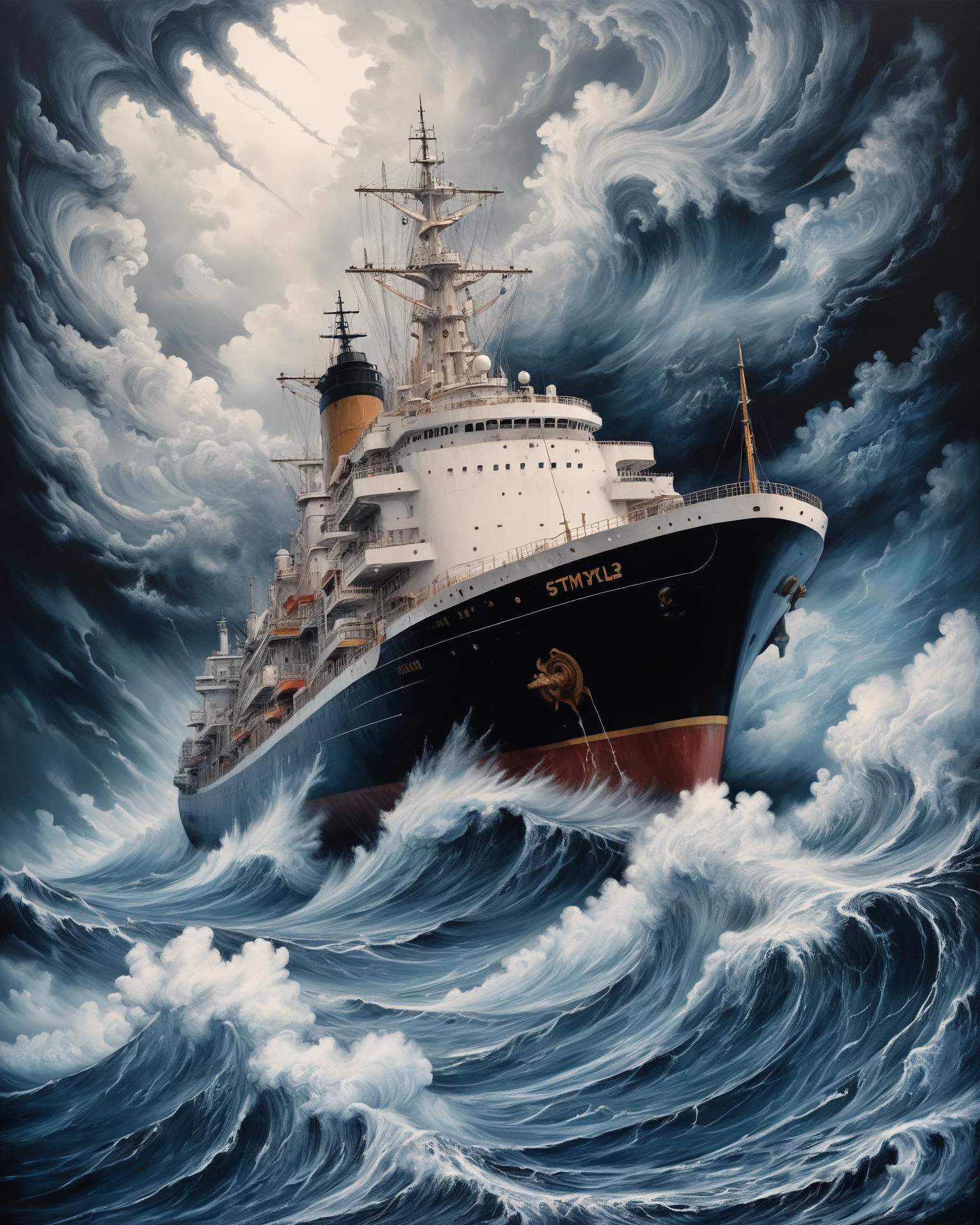 Hyper, quality, hyper detailed, extremely intricate, hyper maximalist, <lora:Maximalist_Drawing_BW:0.74>, PStyl3, negative space, abstract, cloud system, storms, on deck of ship, storm tossed seas