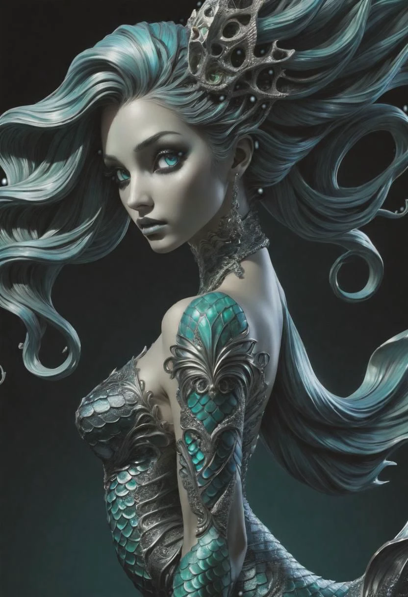 view from front, full body portrait of "highly detailed ancient pensive mermaid", macabre, haunting, long ponytail, dynamic pose, looking at viewer, dynamic shadows, beautiful tail, highly detailed, super resolution, narrow angle lens, drawn in black blue and green charcoals, matte black background, "highly detailed chrome filigree mermaid tail", ral-chrome, rich colors