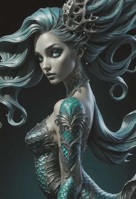 view from front, full body portrait of "highly detailed ancient pensive mermaid", macabre, haunting, long ponytail, dynamic pose, looking at viewer, dynamic shadows, beautiful tail, highly detailed, super resolution, narrow angle lens, drawn in black blue and green charcoals, matte black background, "highly detailed chrome filigree mermaid tail", ral-chrome, rich colors