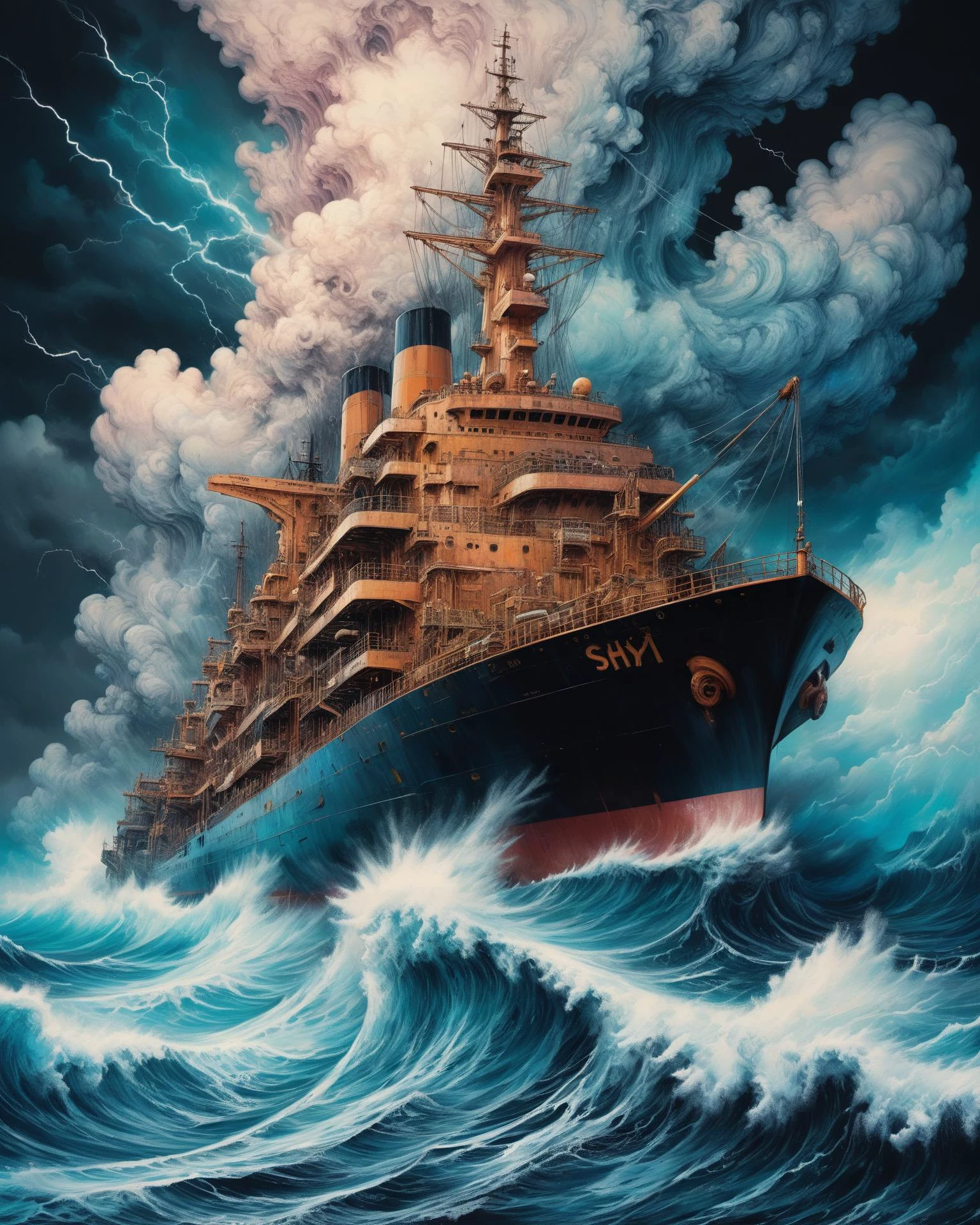 Hyper, quality, hyper detailed, extremely intricate, hyper maximalist, <lora:Maximalist_Drawing_BW:0.74>, PStyl3, negative space, abstract, cloud system, storms, on deck of ship, storm tossed seas, neonpunk
