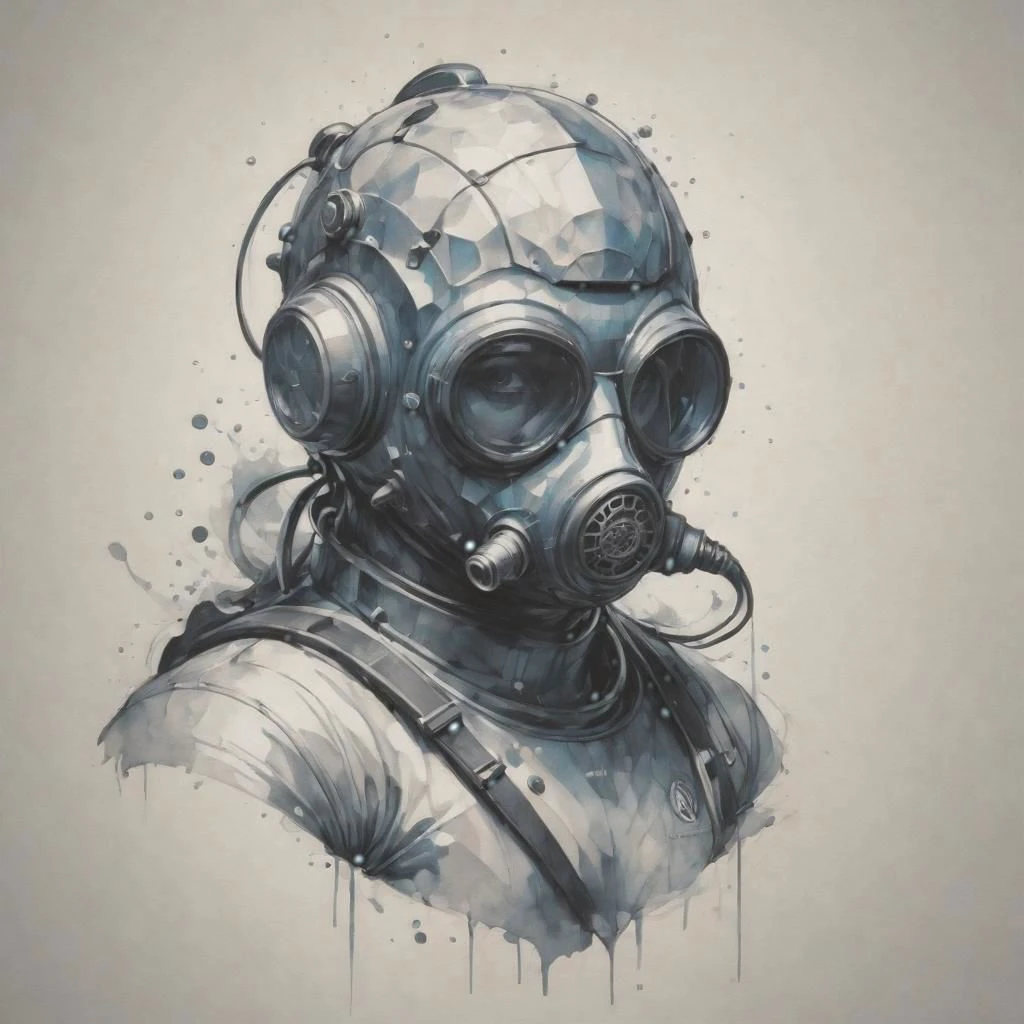 breath taking line art, (scuba diving:1.4) helmet , (computer:1.5) cyber security , t designed by legendary logo designer , low poly , simple, line art, mono color