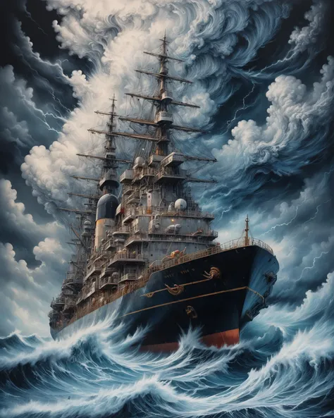 Hyper, quality, hyper detailed, extremely intricate, hyper maximalist, <lora:Maximalist_Drawing_BW:0.74>, PStyl3, negative space, abstract, cloud system, storms, on deck of ship, storm tossed seas, steelpunk