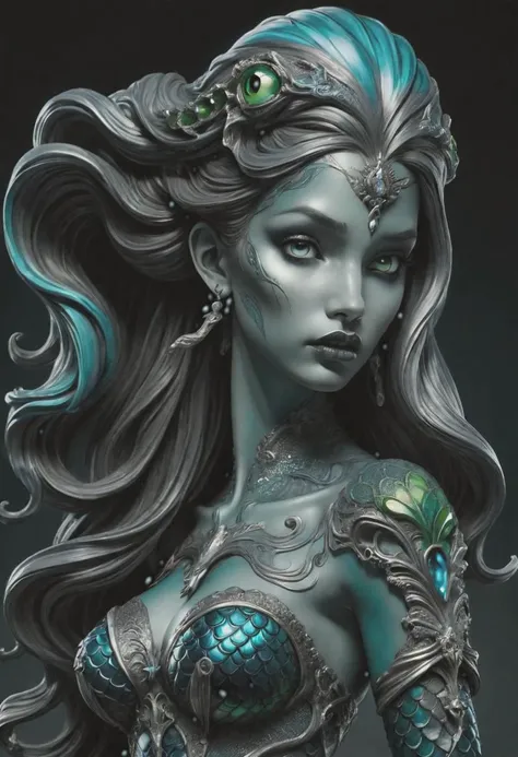 view from front, full body portrait of "highly detailed ancient pensive mermaid", macabre, haunting, long ponytail, highly detailed skin, vibrant lips, detailed eyes, dynamic pose, looking at viewer, dynamic shadows, beautiful tail, highly detailed, super resolution, narrow angle lens, drawn in black blue and green charcoals, matte black background, "highly detailed chrome filigree mermaid tail", ral-chrome, rich colors